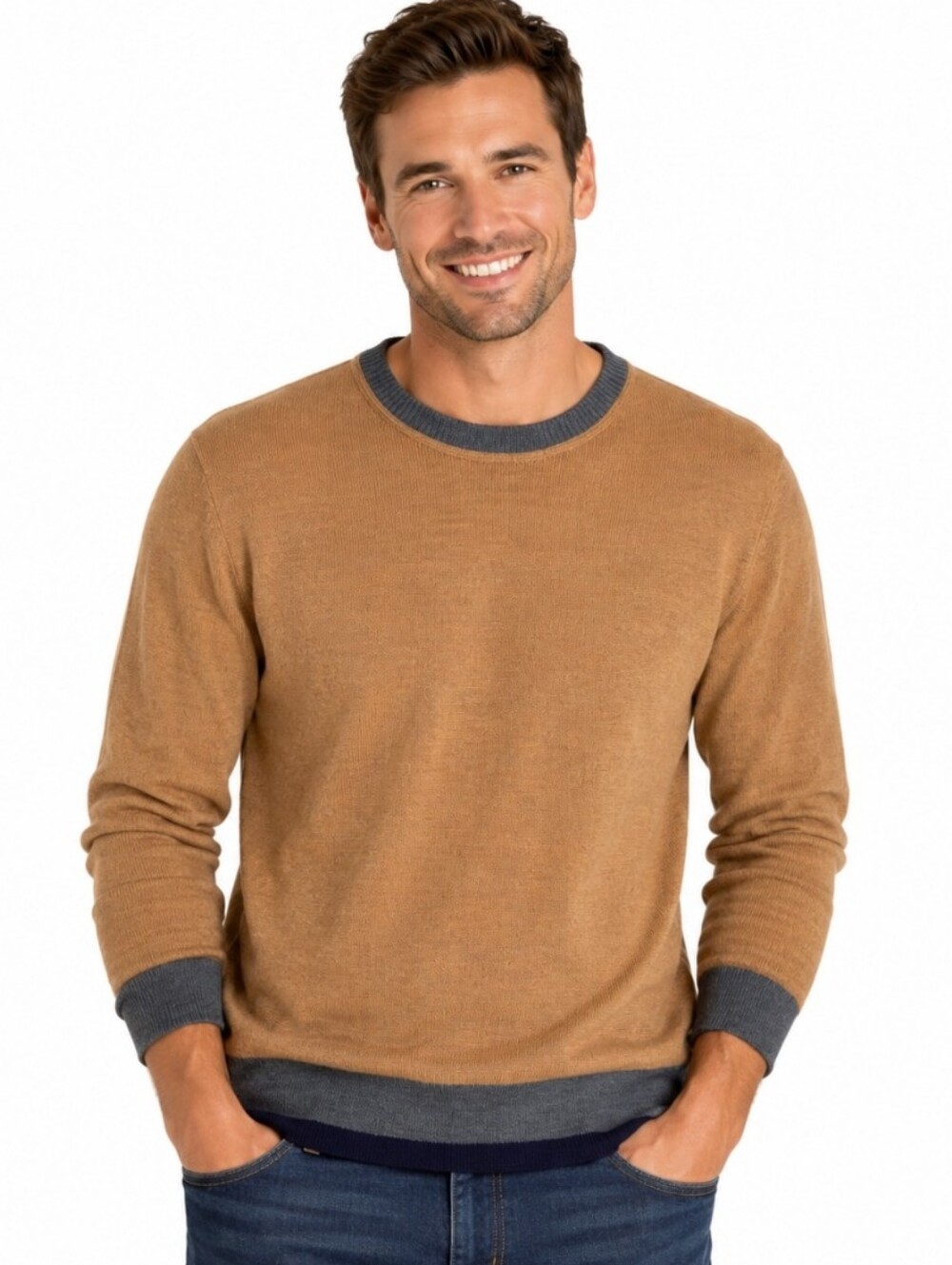Tasso Elba Camel Wool Blend Crewneck Sweater w Gray Contrast Trim (Size:large )